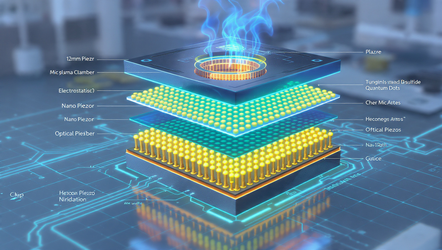 Exploded-view render of the boronic chip: a microplasma chamber with a blue plasma plume on top, piezo film layers, a hexagonal boron-nitride lattice, and gold tungsten-disulfide quantum-dot arrays, on a cyan circuit board.