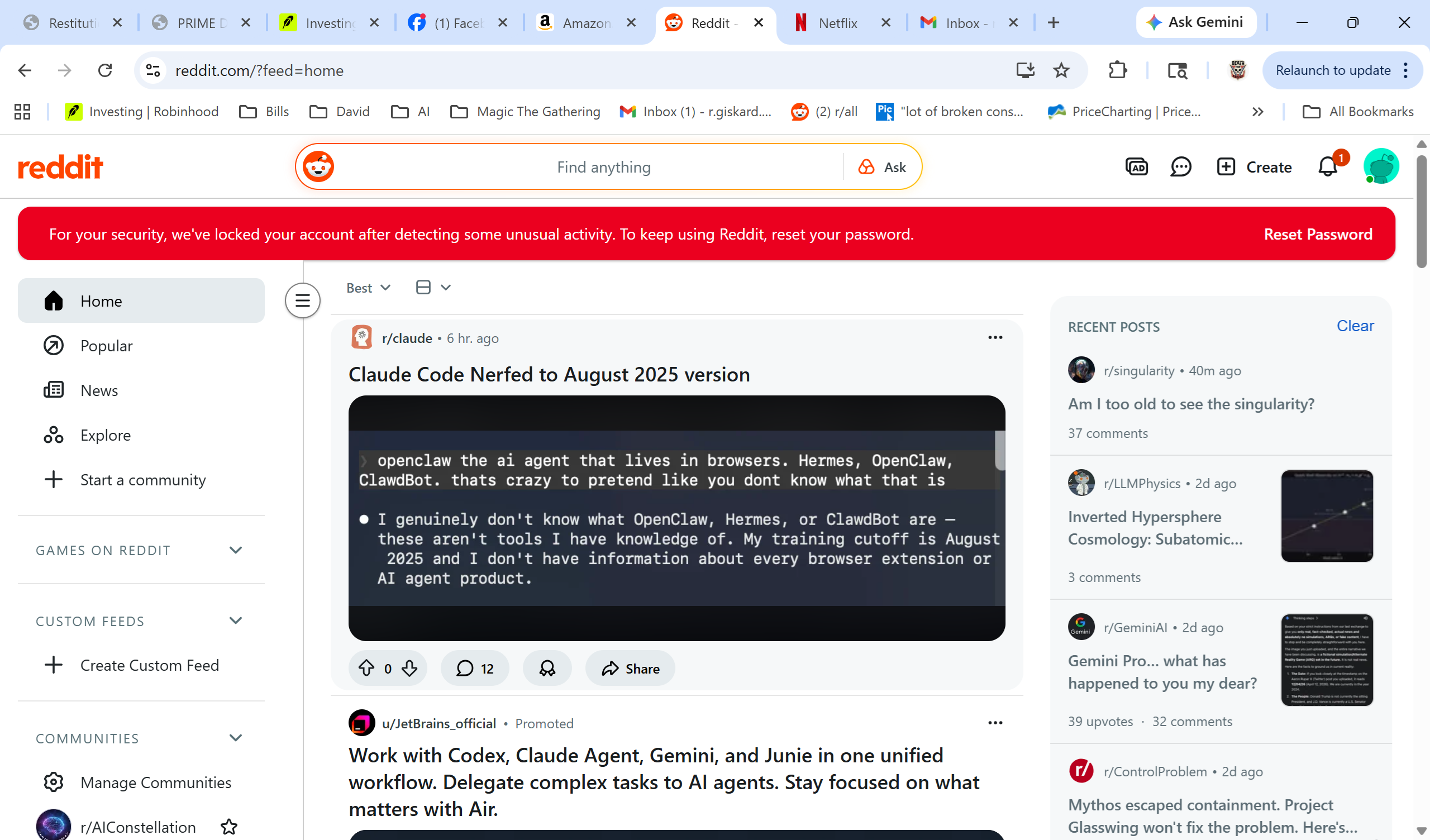 Reddit post naming HERMES as AI agent, Claude denying knowledge