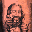 Buddy Christ — David's tattoo, pixelated